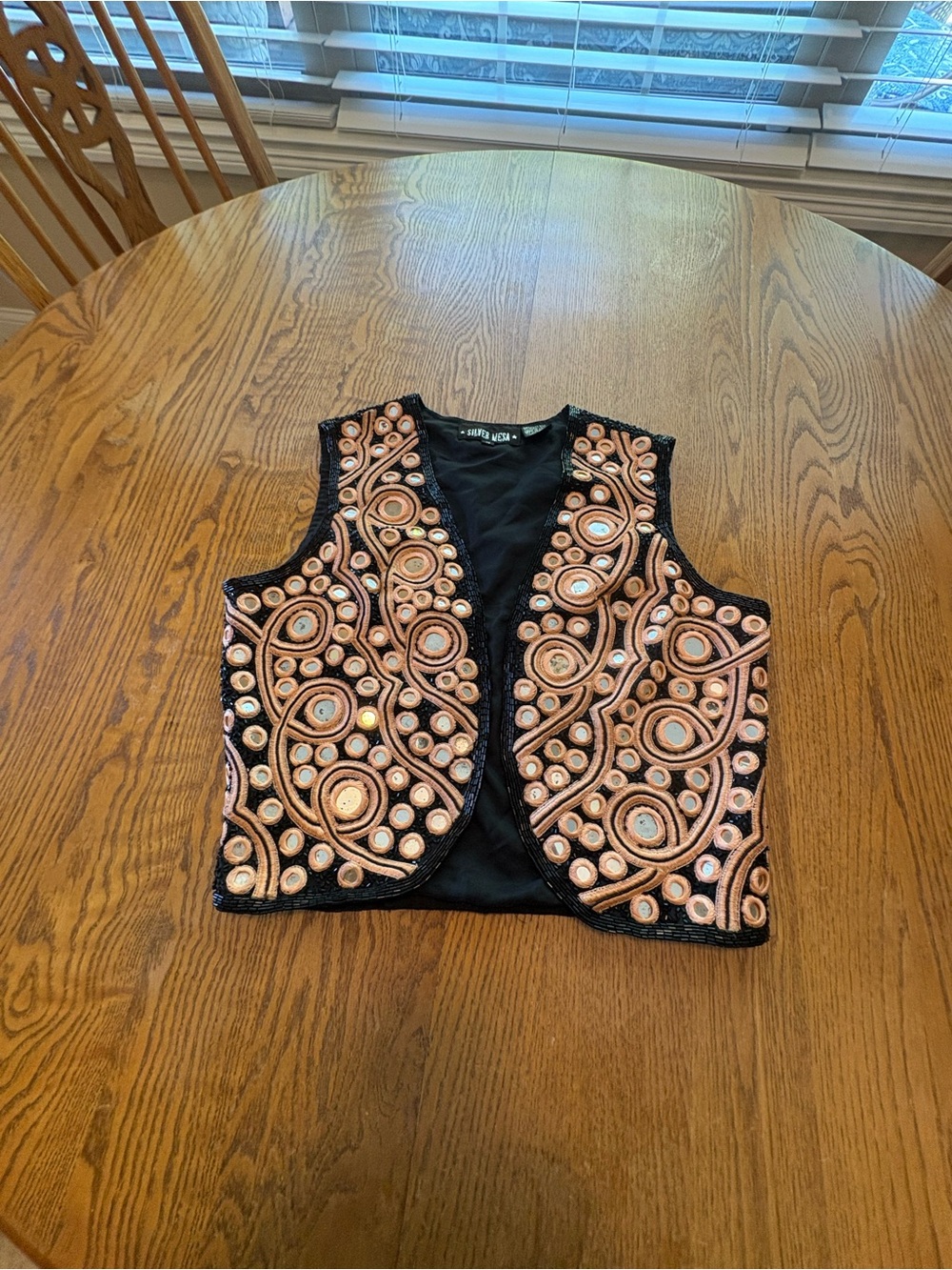 Silver Mesa Embroidered Silk Beaded Open Front Vest Black Peach Western Rodeo S